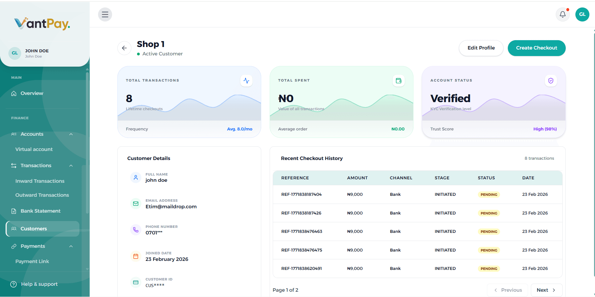 VantPay Dashboard Screenshot